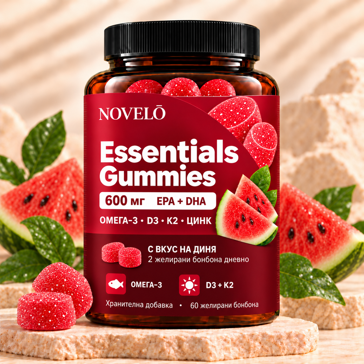 Novelo Essentials Gummies – Омега-3 + D3 + K2 + Цинк | Диня